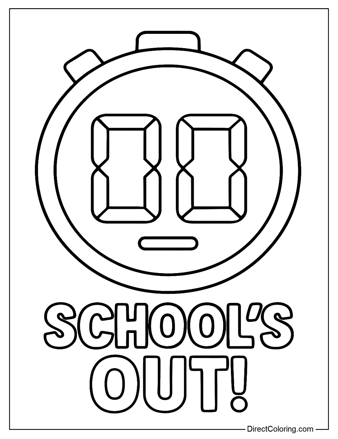 a coloring page of a countdown timer with the words “School’s Out!”.